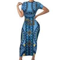 Bula Fiji Vintage Family Matching Short Sleeve Bodycon Dress and Hawaiian Shirt Prussian Blue Masi Motifs LT7 Mom's Dress Prussian Blue - Polynesian Pride