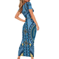 Bula Fiji Vintage Family Matching Short Sleeve Bodycon Dress and Hawaiian Shirt Prussian Blue Masi Motifs LT7 - Polynesian Pride