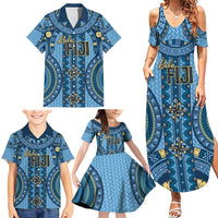 Bula Fiji Vintage Family Matching Summer Maxi Dress and Hawaiian Shirt Prussian Blue Masi Motifs LT7 - Polynesian Pride