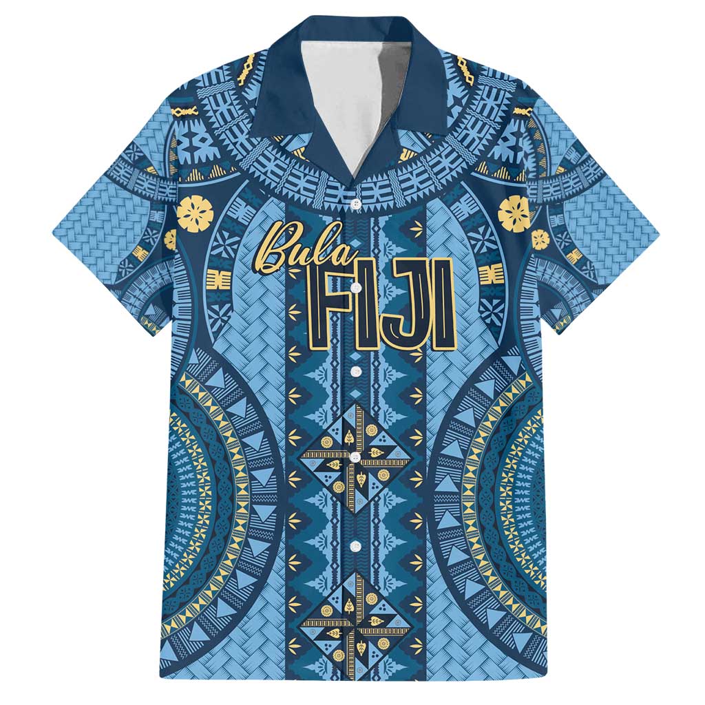Bula Fiji Vintage Family Matching Summer Maxi Dress and Hawaiian Shirt Prussian Blue Masi Motifs LT7 Dad's Shirt - Short Sleeve Prussian Blue - Polynesian Pride