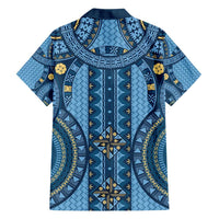 Bula Fiji Vintage Family Matching Summer Maxi Dress and Hawaiian Shirt Prussian Blue Masi Motifs LT7 - Polynesian Pride