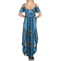 Bula Fiji Vintage Family Matching Summer Maxi Dress and Hawaiian Shirt Prussian Blue Masi Motifs LT7 - Polynesian Pride
