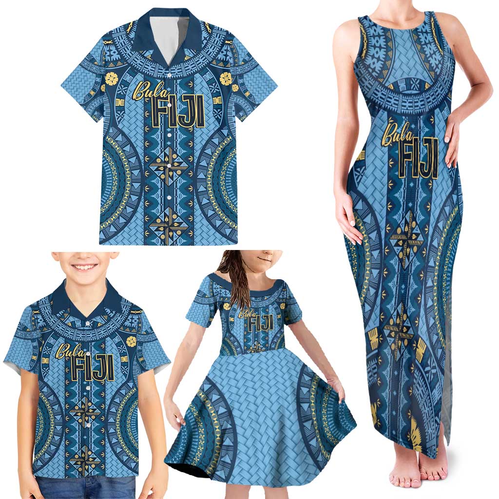 Bula Fiji Vintage Family Matching Tank Maxi Dress and Hawaiian Shirt Prussian Blue Masi Motifs LT7 - Polynesian Pride