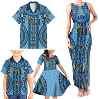 Bula Fiji Vintage Family Matching Tank Maxi Dress and Hawaiian Shirt Prussian Blue Masi Motifs LT7 - Polynesian Pride