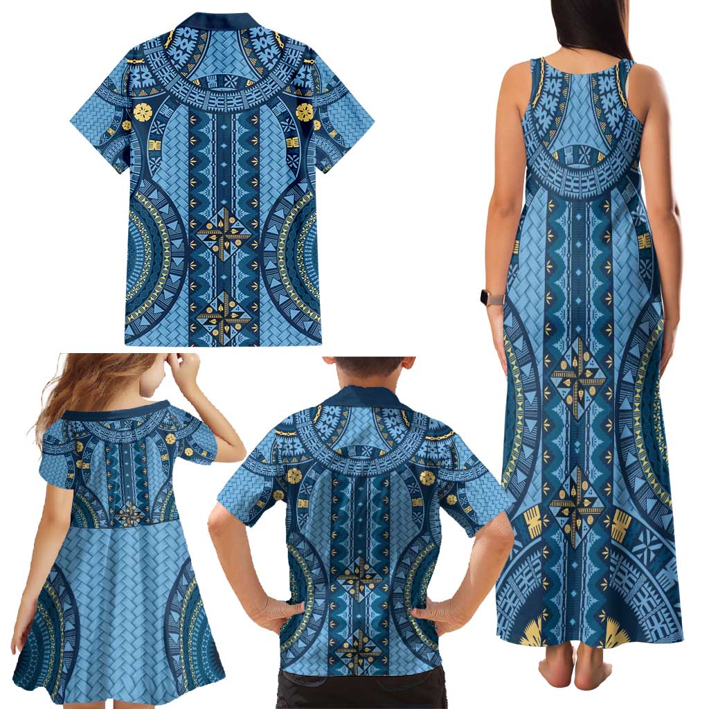 Bula Fiji Vintage Family Matching Tank Maxi Dress and Hawaiian Shirt Prussian Blue Masi Motifs LT7 - Polynesian Pride