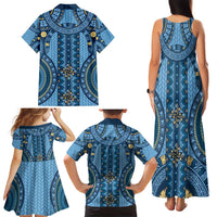 Bula Fiji Vintage Family Matching Tank Maxi Dress and Hawaiian Shirt Prussian Blue Masi Motifs LT7 - Polynesian Pride