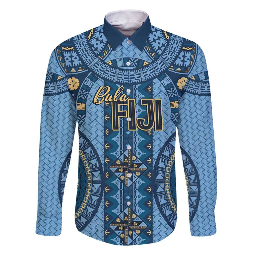 Bula Fiji Vintage Family Matching Tank Maxi Dress and Hawaiian Shirt Prussian Blue Masi Motifs LT7 Dad's Shirt - Long Sleeve Prussian Blue - Polynesian Pride