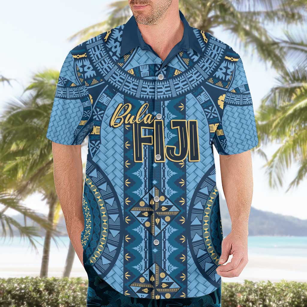 Bula Fiji Vintage Hawaiian Shirt Prussian Blue Masi Motifs LT7 - Polynesian Pride
