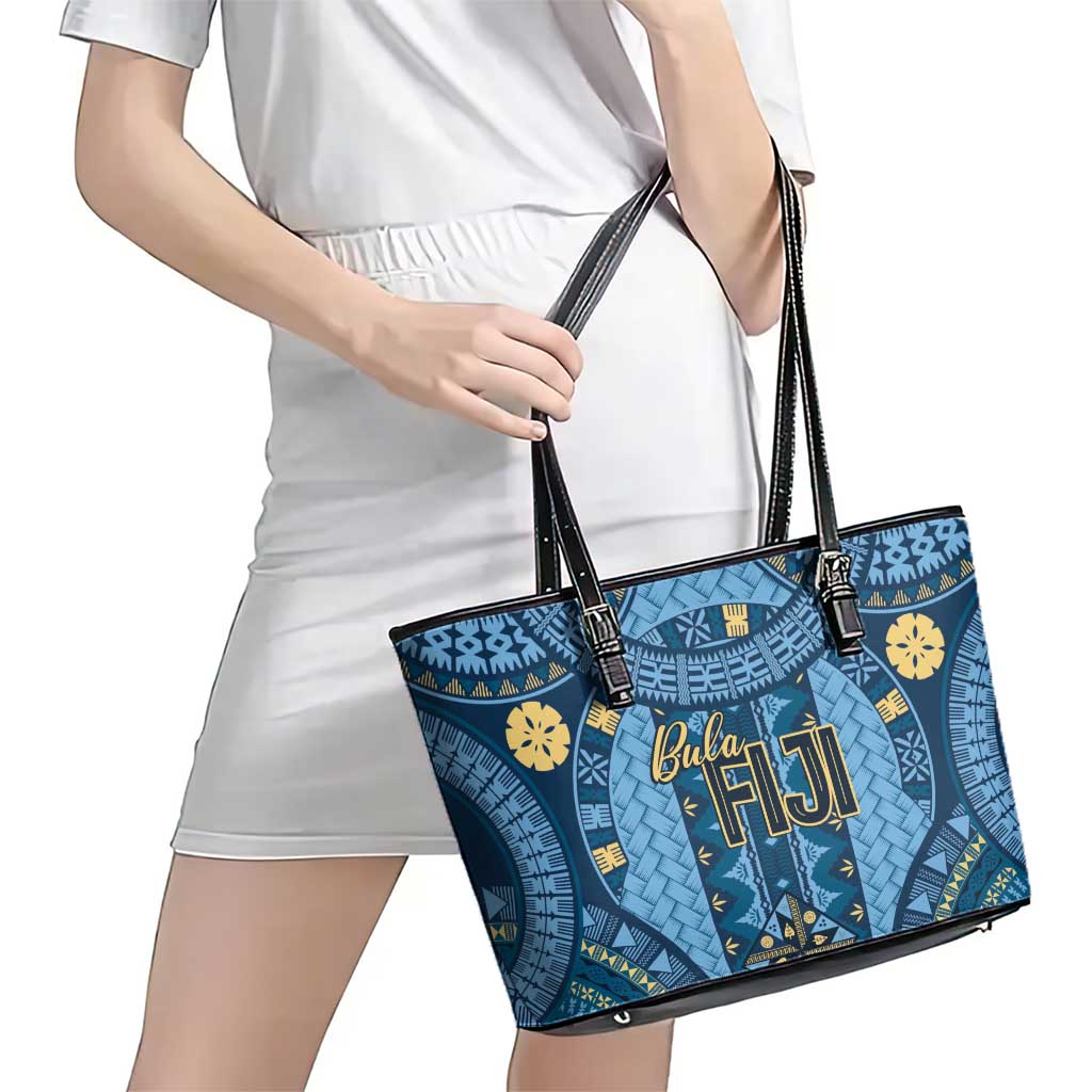 Bula Fiji Vintage Leather Tote Bag Prussian Blue Masi Motifs