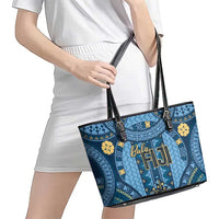 Bula Fiji Vintage Leather Tote Bag Prussian Blue Masi Motifs