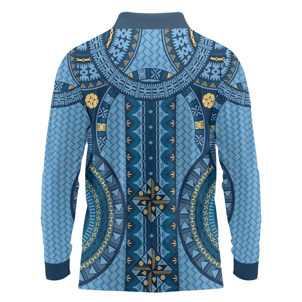 Bula Fiji Vintage Long Sleeve Polo Shirt Prussian Blue Masi Motifs