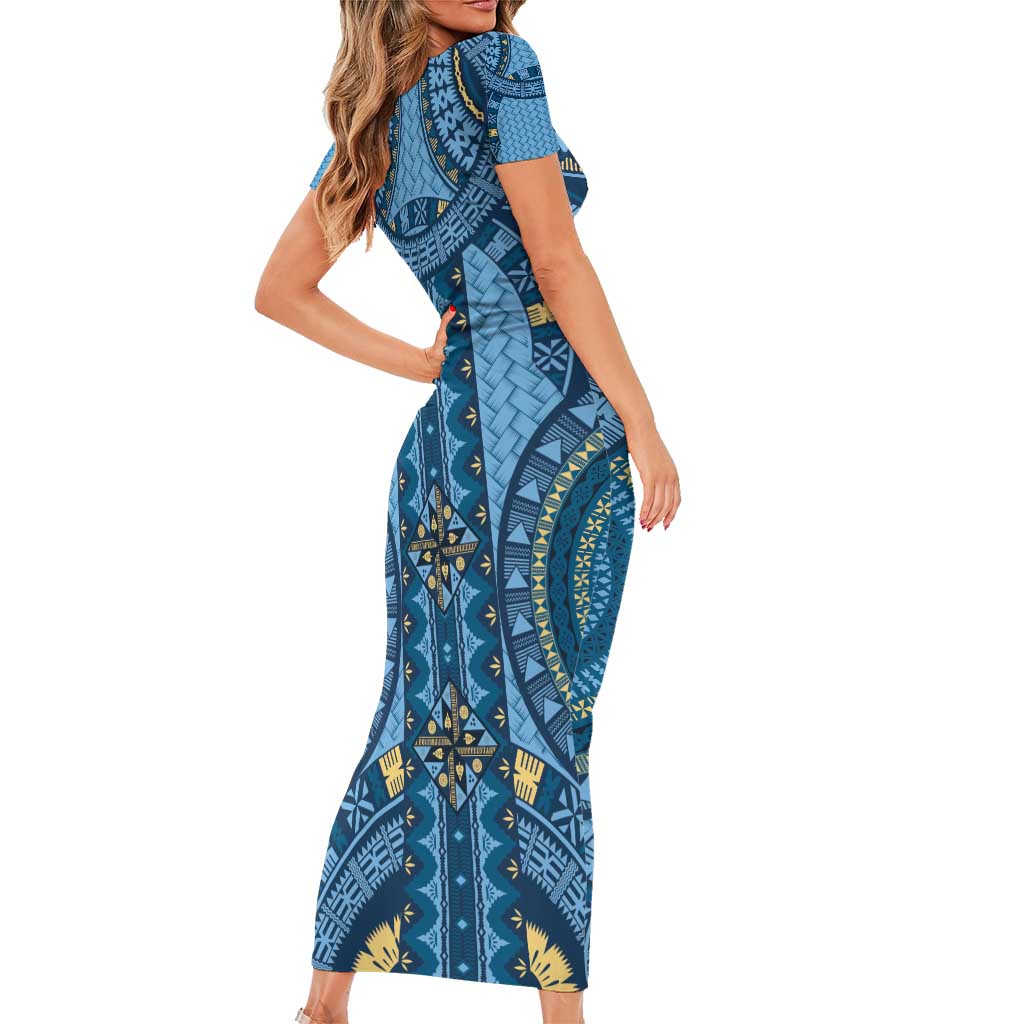 Bula Fiji Vintage Short Sleeve Bodycon Dress Prussian Blue Masi Motifs