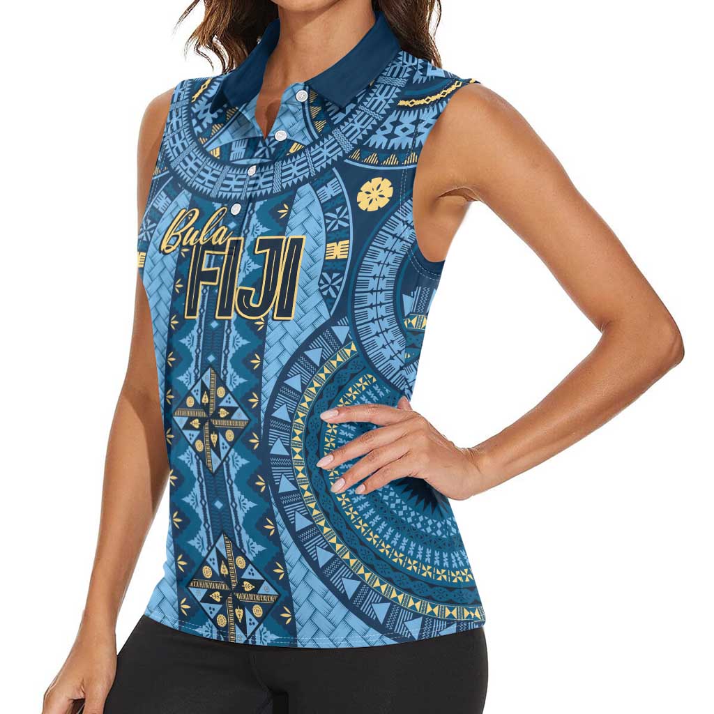 Bula Fiji Vintage Women Sleeveless Polo Shirt Prussian Blue Masi Motifs