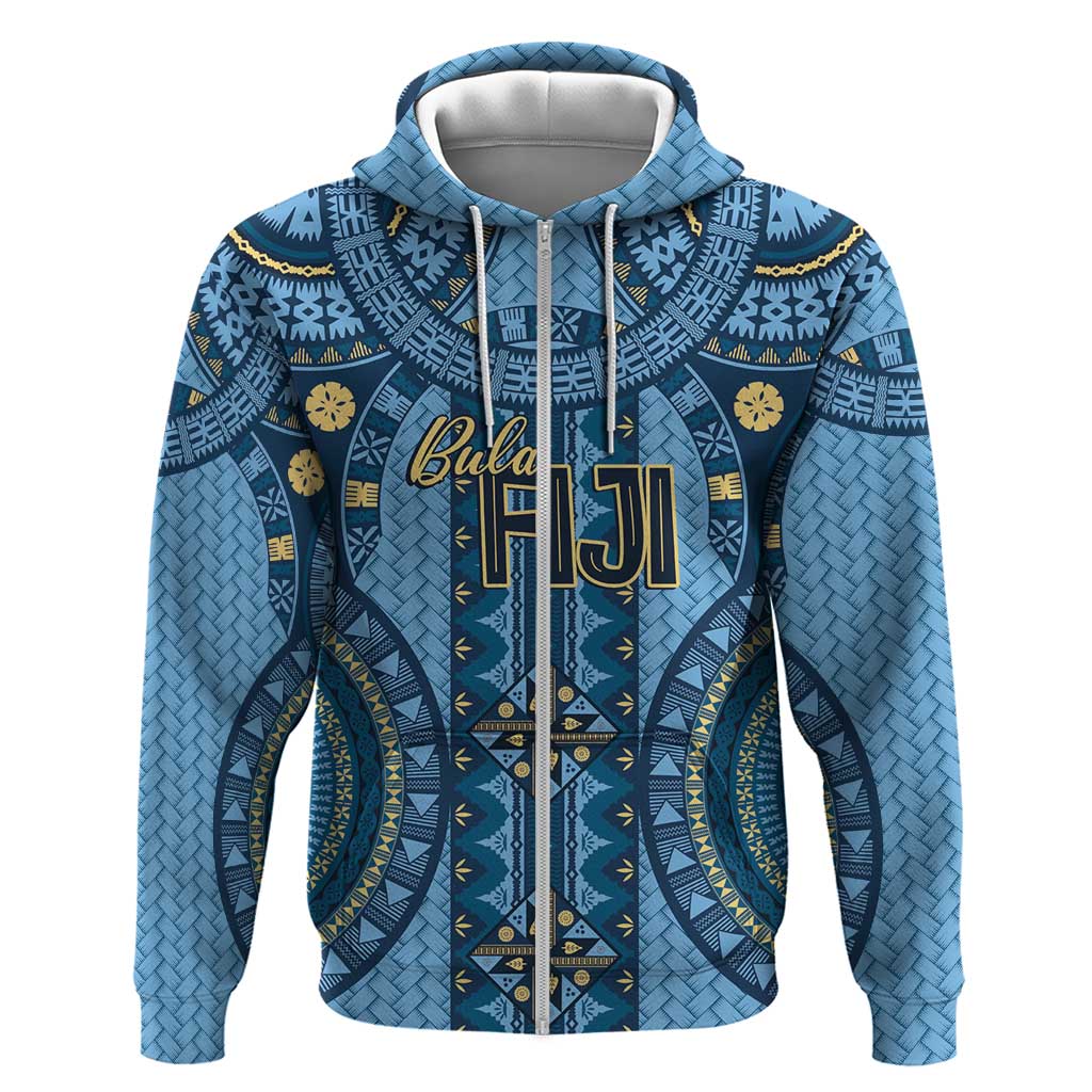Bula Fiji Vintage Zip Hoodie Prussian Blue Masi Motifs LT7 Zip Hoodie Prussian Blue - Polynesian Pride