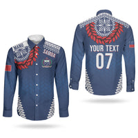 Manu Samoa Rugby Custom Navy Blue Couples Matching Tank Maxi Dress and Long Sleeve Button Shirt ʻIe Toga Pattern With Red Ula fala LT7 - Polynesian Pride