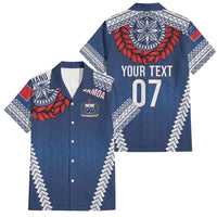 Manu Samoa Rugby Custom Navy Blue Family Matching Short Sleeve Bodycon Dress and Hawaiian Shirt ʻIe Toga Pattern With Red Ula fala LT7 Dad's Shirt - Short Sleeve Navy Blue - Polynesian Pride
