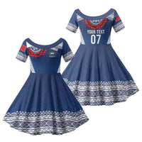 Manu Samoa Rugby Custom Navy Blue Family Matching Short Sleeve Bodycon Dress and Hawaiian Shirt ʻIe Toga Pattern With Red Ula fala LT7 Daughter's Dress Navy Blue - Polynesian Pride