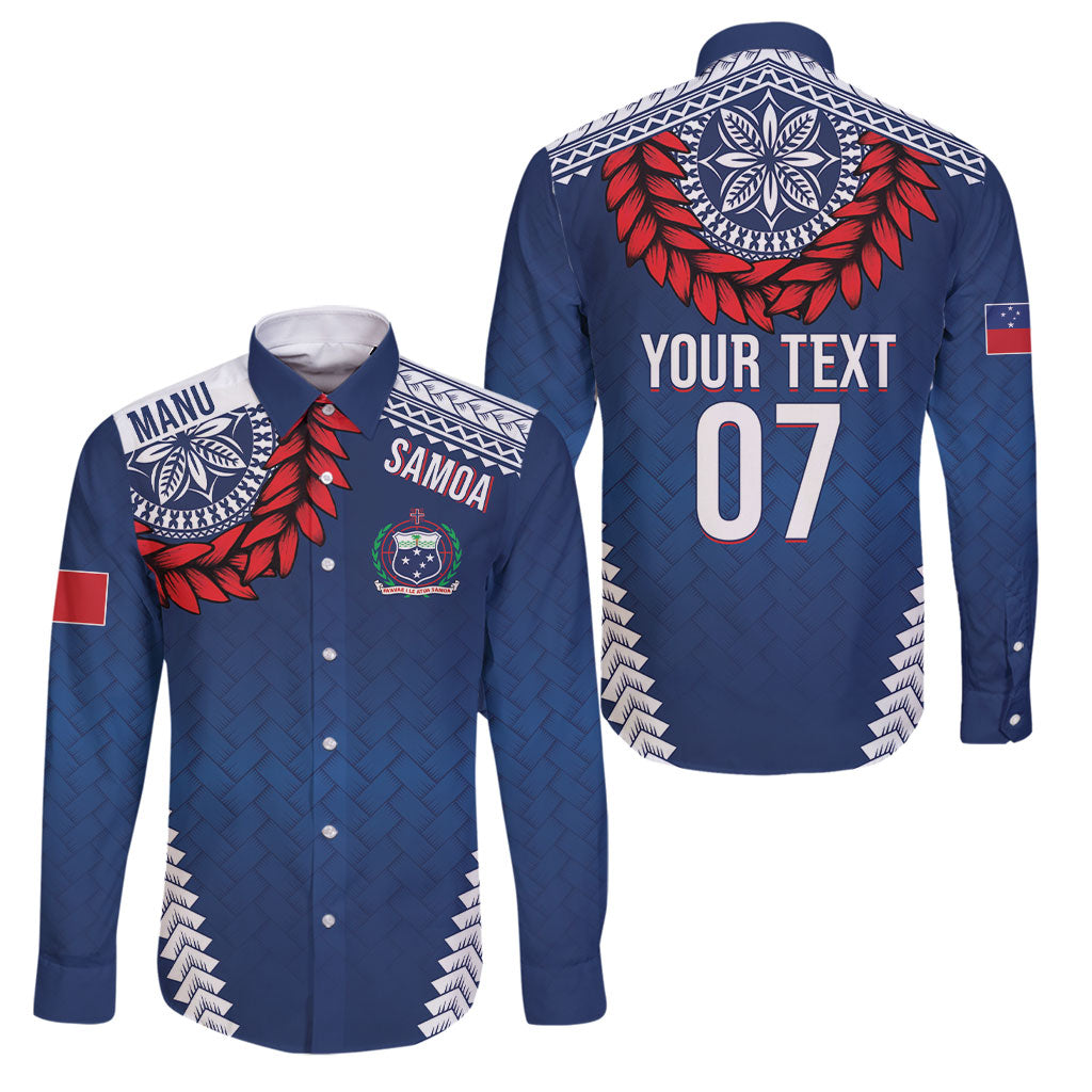 Manu Samoa Rugby Custom Navy Blue Family Matching Summer Maxi Dress and Hawaiian Shirt ʻIe Toga Pattern With Red Ula fala LT7 Dad's Shirt - Long Sleeve Navy Blue - Polynesian Pride
