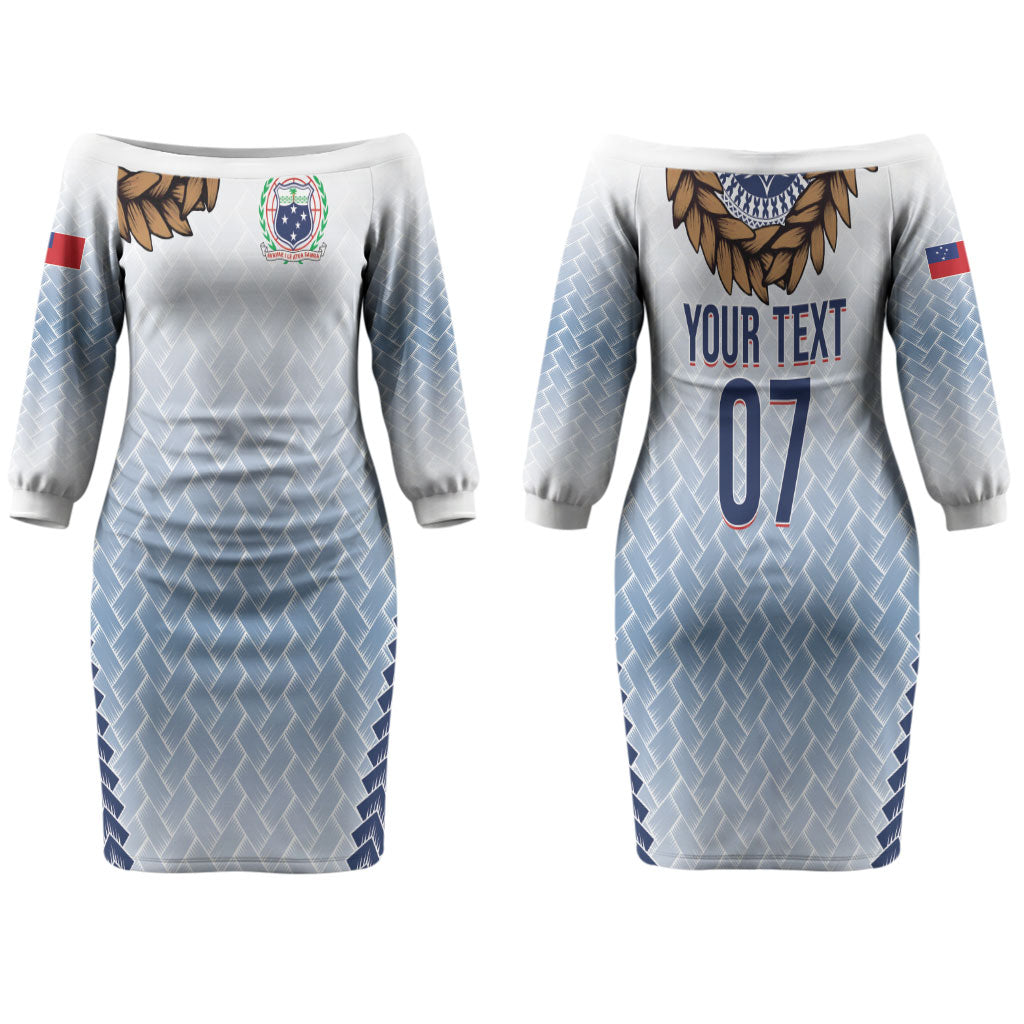 Manu Samoa Rugby Custom White Couples Matching Off The Shoulder Long Sleeve Dress and Hawaiian Shirt ʻIe Toga Pattern With Brown Ula fala LT7 - Polynesian Pride