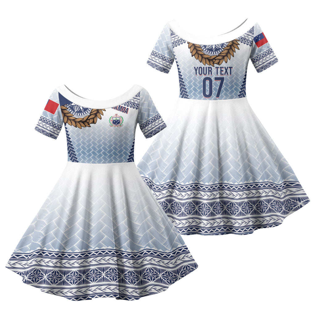 Manu Samoa Rugby Custom White Family Matching Long Sleeve Bodycon Dress and Hawaiian Shirt ʻIe Toga Pattern With Brown Ula fala LT7 Daughter's Dress White - Polynesian Pride