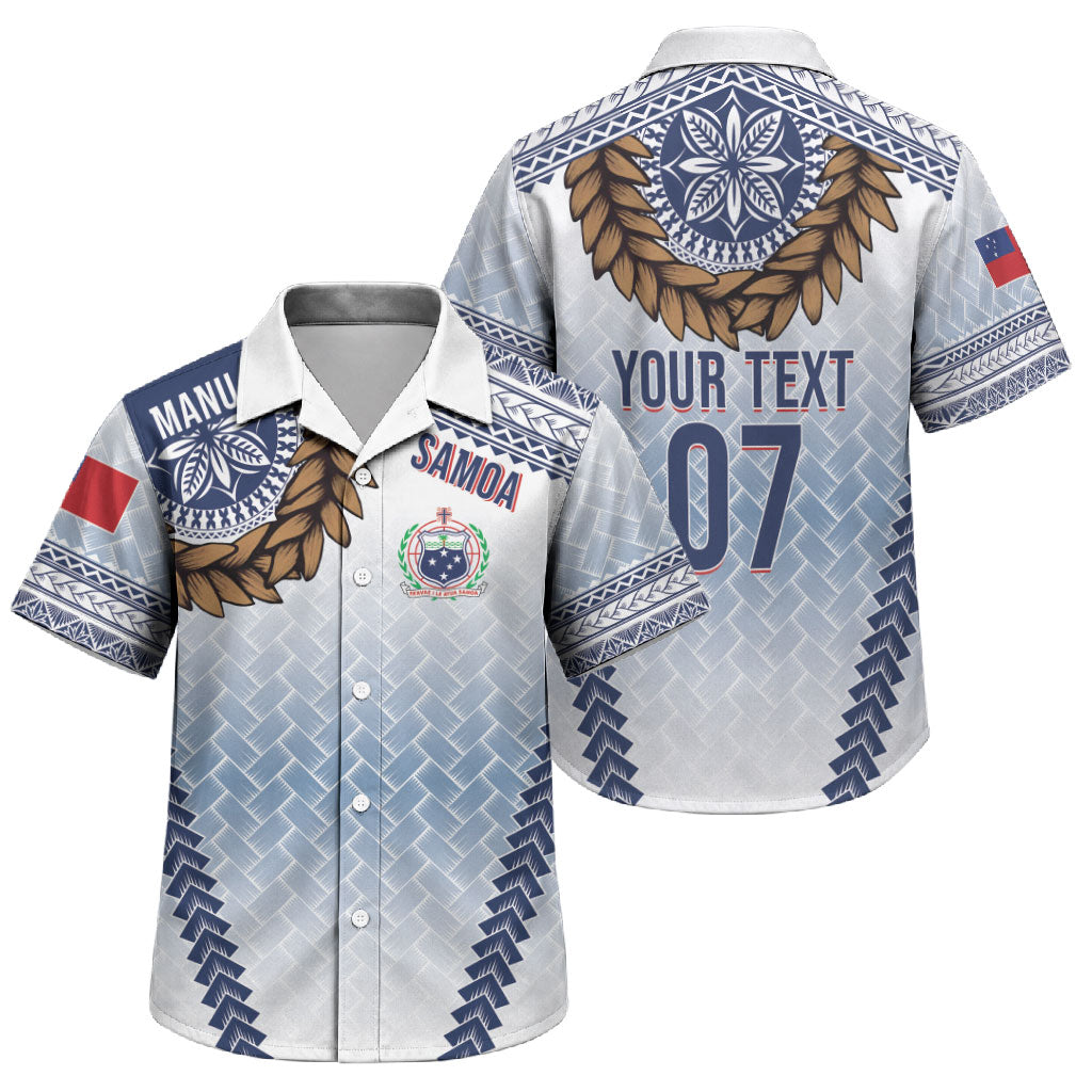 Manu Samoa Rugby Custom White Family Matching Off The Shoulder Long Sleeve Dress and Hawaiian Shirt ʻIe Toga Pattern With Brown Ula fala LT7 Son's Shirt White - Polynesian Pride