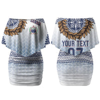 Manu Samoa Rugby Custom White Family Matching Off Shoulder Short Dress and Hawaiian Shirt ʻIe Toga Pattern With Brown Ula fala LT7 Mom's Dress White - Polynesian Pride