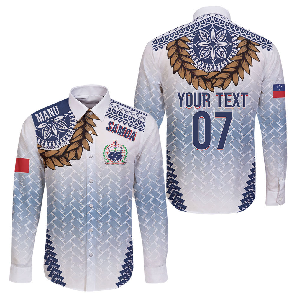 Manu Samoa Rugby Custom White Family Matching Off Shoulder Short Dress and Hawaiian Shirt ʻIe Toga Pattern With Brown Ula fala LT7 Dad's Shirt - Long Sleeve White - Polynesian Pride
