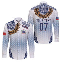 Manu Samoa Rugby Custom White Family Matching Off Shoulder Short Dress and Hawaiian Shirt ʻIe Toga Pattern With Brown Ula fala LT7 Dad's Shirt - Long Sleeve White - Polynesian Pride