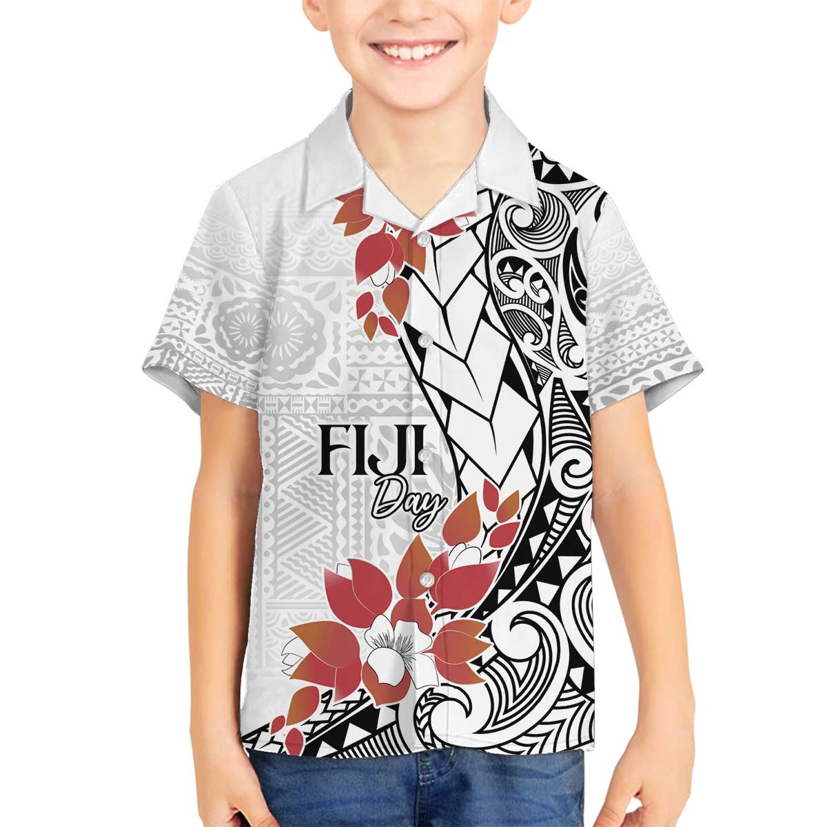 Bula Fiji Day Family Matching Off The Shoulder Long Sleeve Dress and Hawaiian Shirt Tagimaucia on Masi Pattern