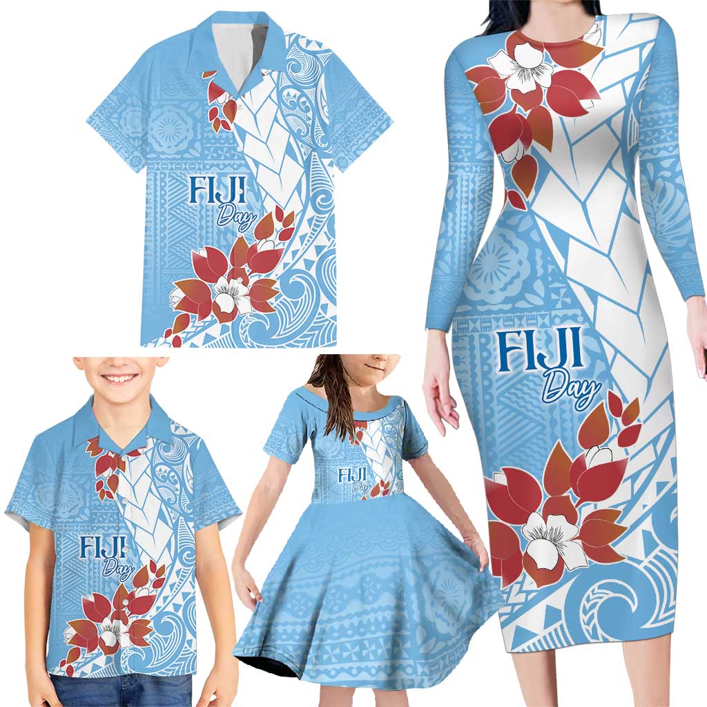 Bula Fiji Day Family Matching Long Sleeve Bodycon Dress and Hawaiian Shirt Tagimaucia on Masi Pattern - Turquoise LT7 - Polynesian Pride