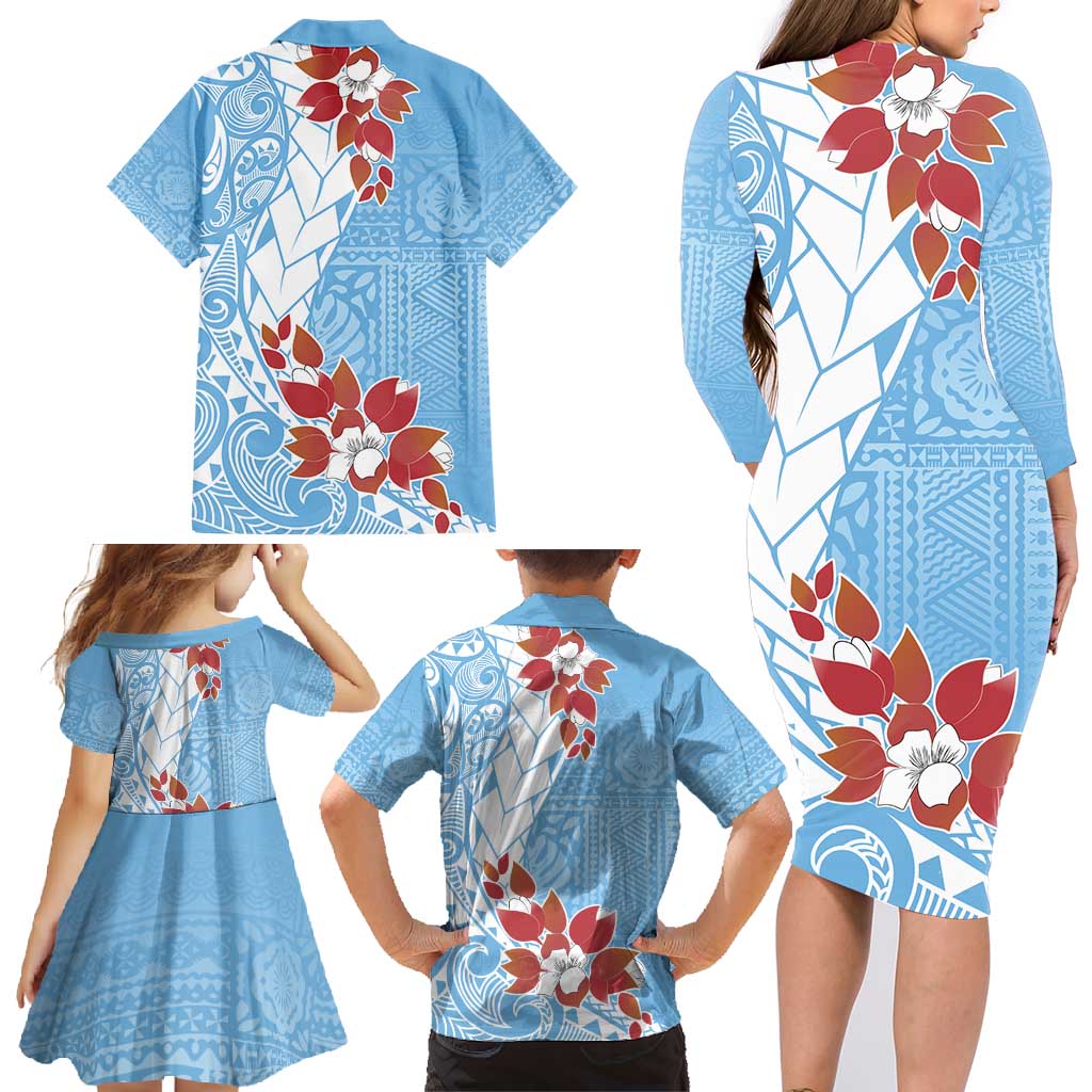 Bula Fiji Day Family Matching Long Sleeve Bodycon Dress and Hawaiian Shirt Tagimaucia on Masi Pattern - Turquoise LT7 - Polynesian Pride