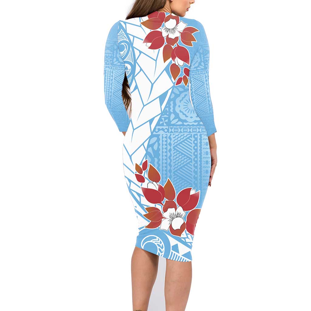 Bula Fiji Day Family Matching Long Sleeve Bodycon Dress and Hawaiian Shirt Tagimaucia on Masi Pattern - Turquoise LT7 - Polynesian Pride
