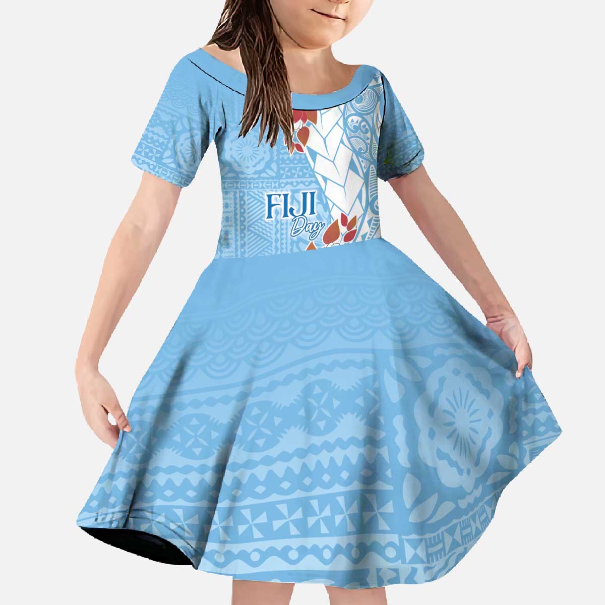 Bula Fiji Day Family Matching Off The Shoulder Long Sleeve Dress and Hawaiian Shirt Tagimaucia on Masi Pattern - Turquoise LT7 Daughter's Dress Turquoise - Polynesian Pride