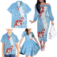 Bula Fiji Day Family Matching Off The Shoulder Long Sleeve Dress and Hawaiian Shirt Tagimaucia on Masi Pattern - Turquoise LT7 - Polynesian Pride