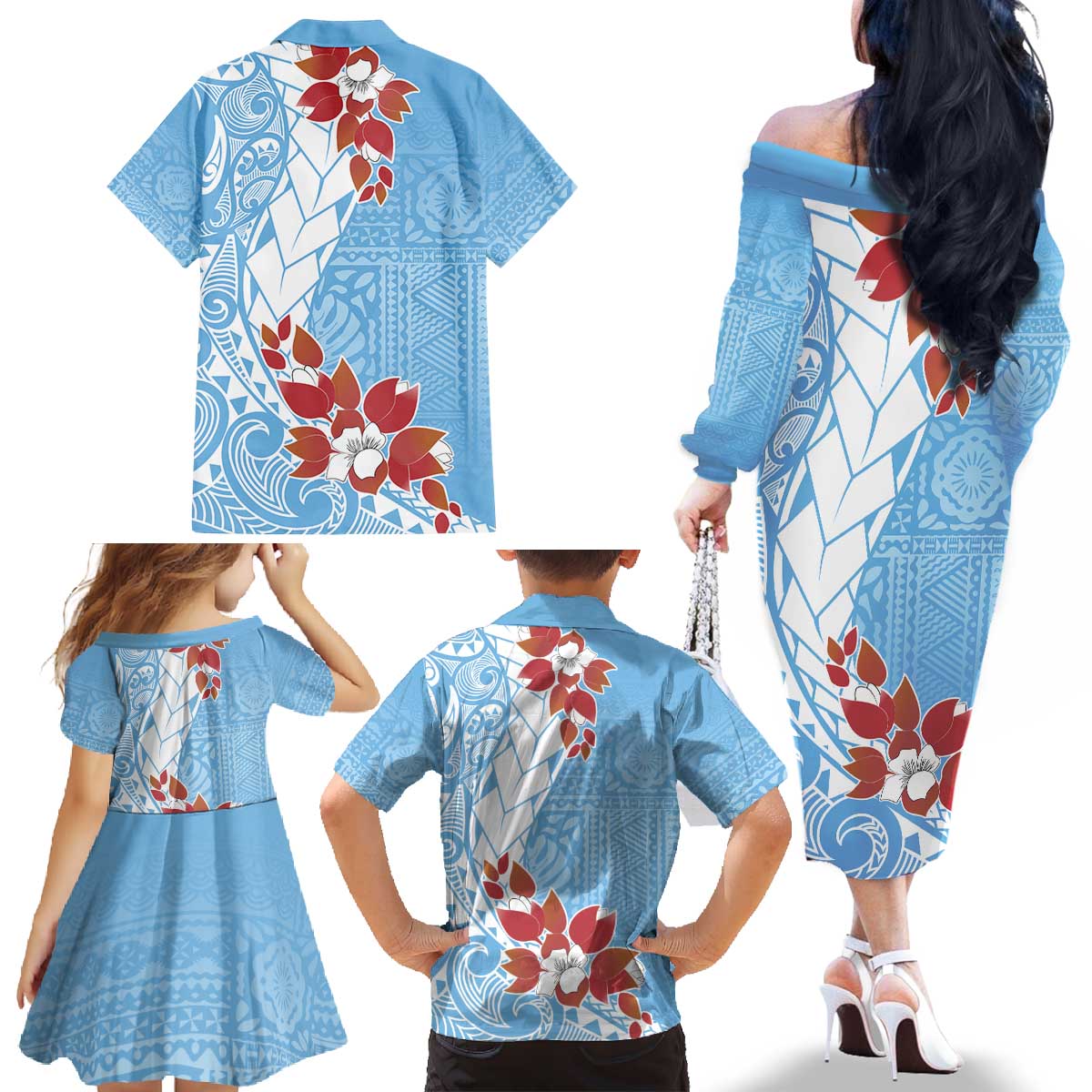 Bula Fiji Day Family Matching Off The Shoulder Long Sleeve Dress and Hawaiian Shirt Tagimaucia on Masi Pattern - Turquoise LT7 - Polynesian Pride