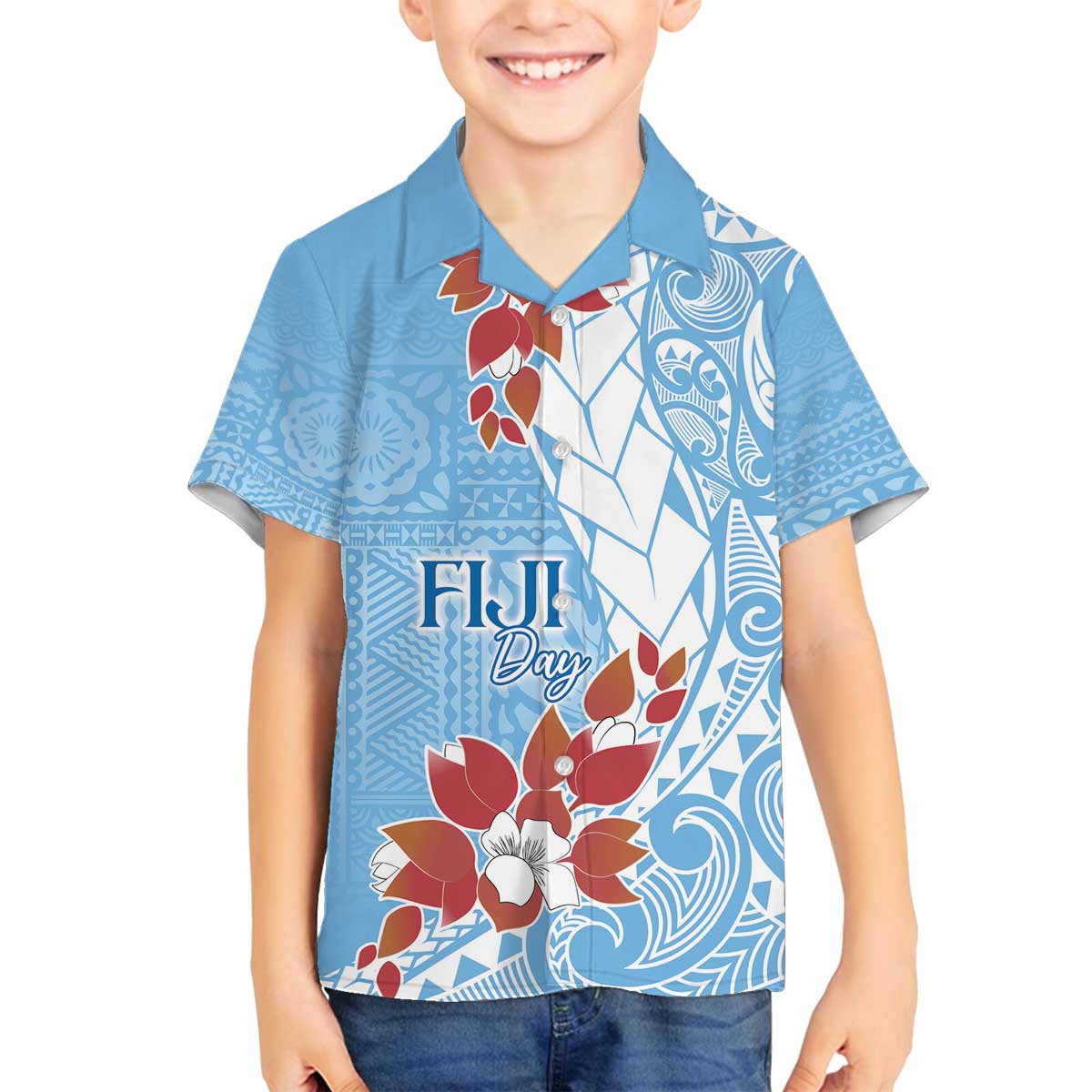 Bula Fiji Day Family Matching Off The Shoulder Long Sleeve Dress and Hawaiian Shirt Tagimaucia on Masi Pattern - Turquoise LT7 Son's Shirt Turquoise - Polynesian Pride