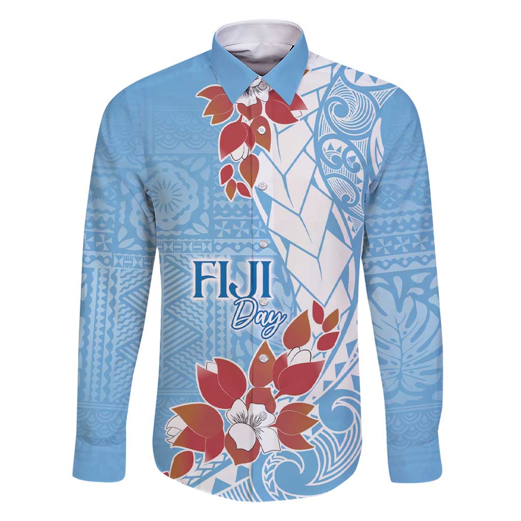 Bula Fiji Day Family Matching Short Sleeve Bodycon Dress and Hawaiian Shirt Tagimaucia on Masi Pattern - Turquoise LT7 Dad's Shirt - Long Sleeve Turquoise - Polynesian Pride