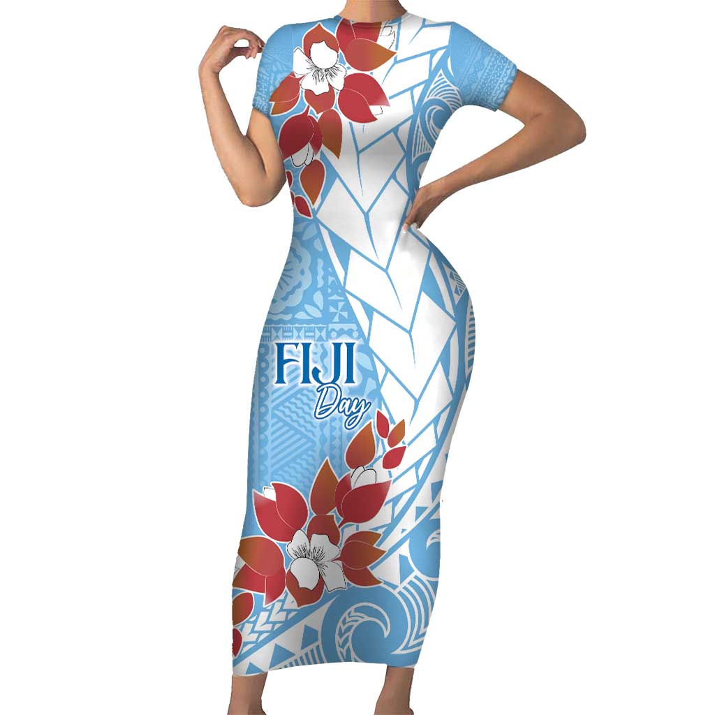 Bula Fiji Day Family Matching Short Sleeve Bodycon Dress and Hawaiian Shirt Tagimaucia on Masi Pattern - Turquoise LT7 Mom's Dress Turquoise - Polynesian Pride