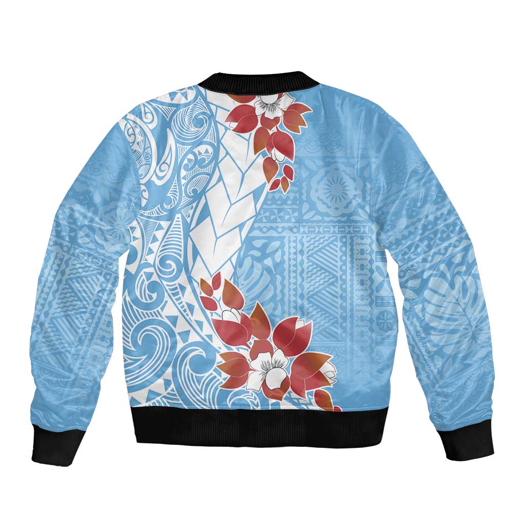 Bula Fiji Day Sleeve Zip Bomber Jacket Tagimaucia on Masi Pattern - Turquoise