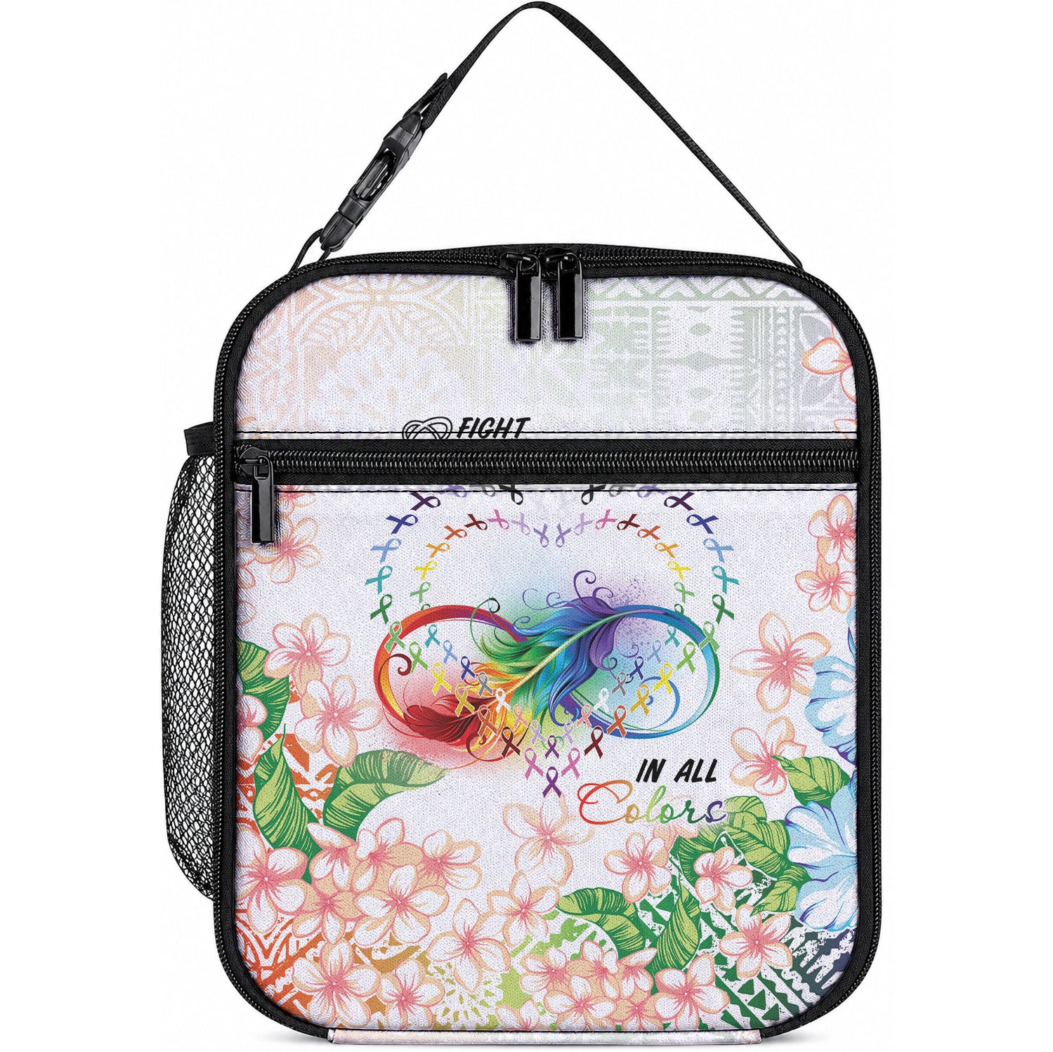 Fight Cancer In All Colors Lunch Bag Plumeria Mix Tapa Pattern LT7 10.2 × 8.3 × 4.3 inch White - Polynesian Pride