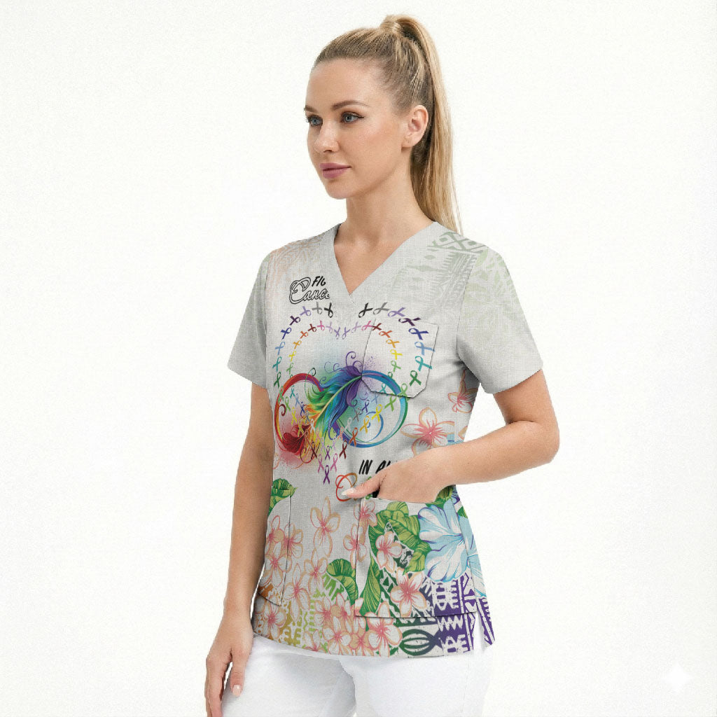 Fight Cancer In All Colors Scrub Top Plumeria Mix Tapa Pattern