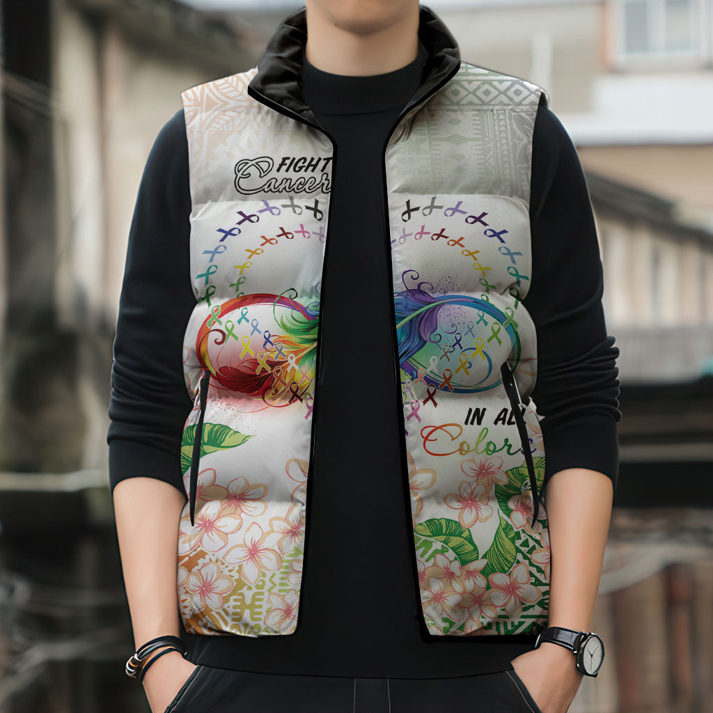 Fight Cancer In All Colors Sleeveless Puffer Jacket Plumeria Mix Tapa Pattern