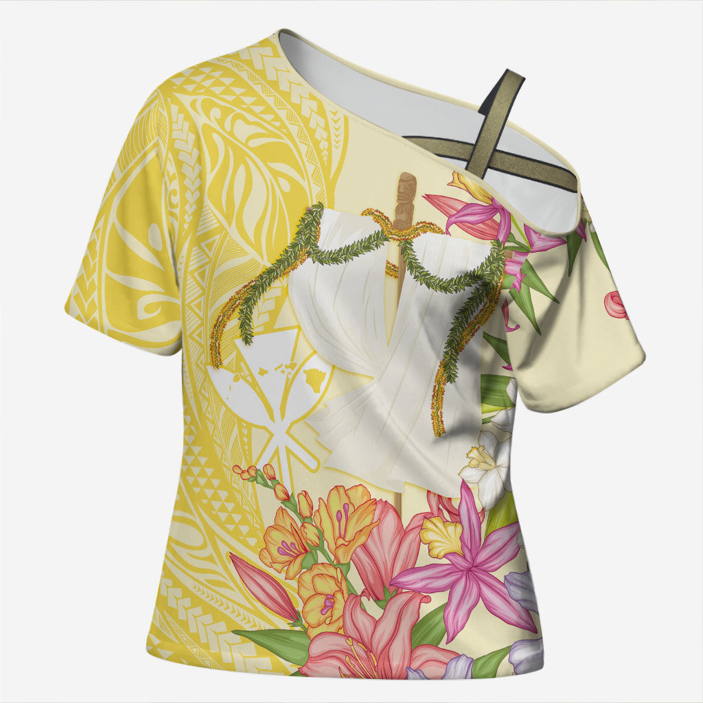 Aloha Hawaii Kanaka Makahiki Cross Shoulder Shirt Akua Loa - Festive Golden Sand LT7 Female Sandy Yellow - Polynesian Pride