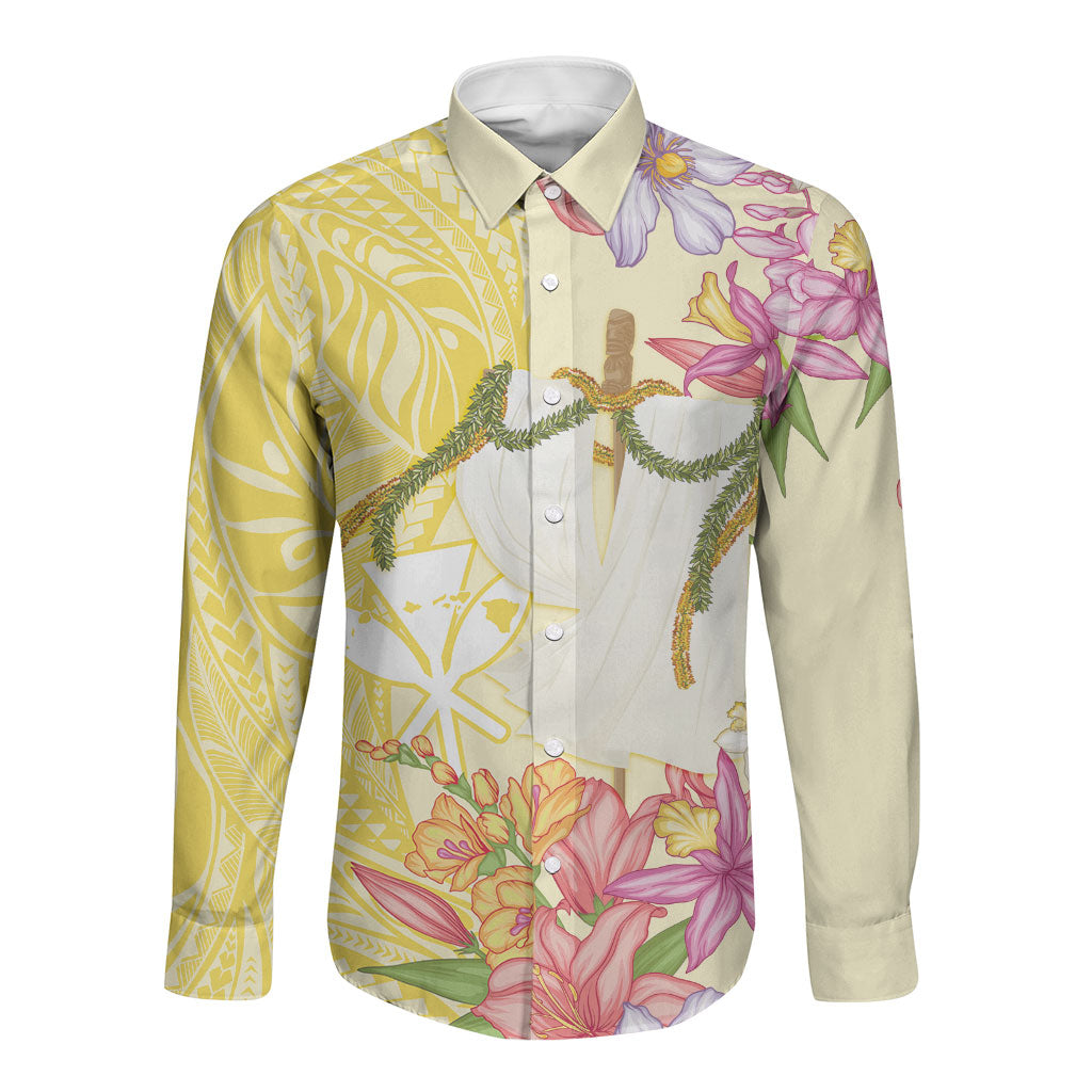 Aloha Hawaii Kanaka Makahiki Long Sleeve Button Shirt Akua Loa - Festive Golden Sand