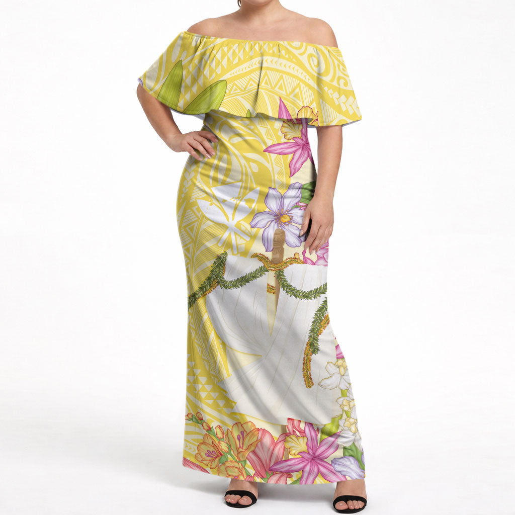 Aloha Hawaii Kanaka Makahiki Off Shoulder Maxi Dress Akua Loa - Festive Golden Sand LT7 Women Sandy Yellow - Polynesian Pride
