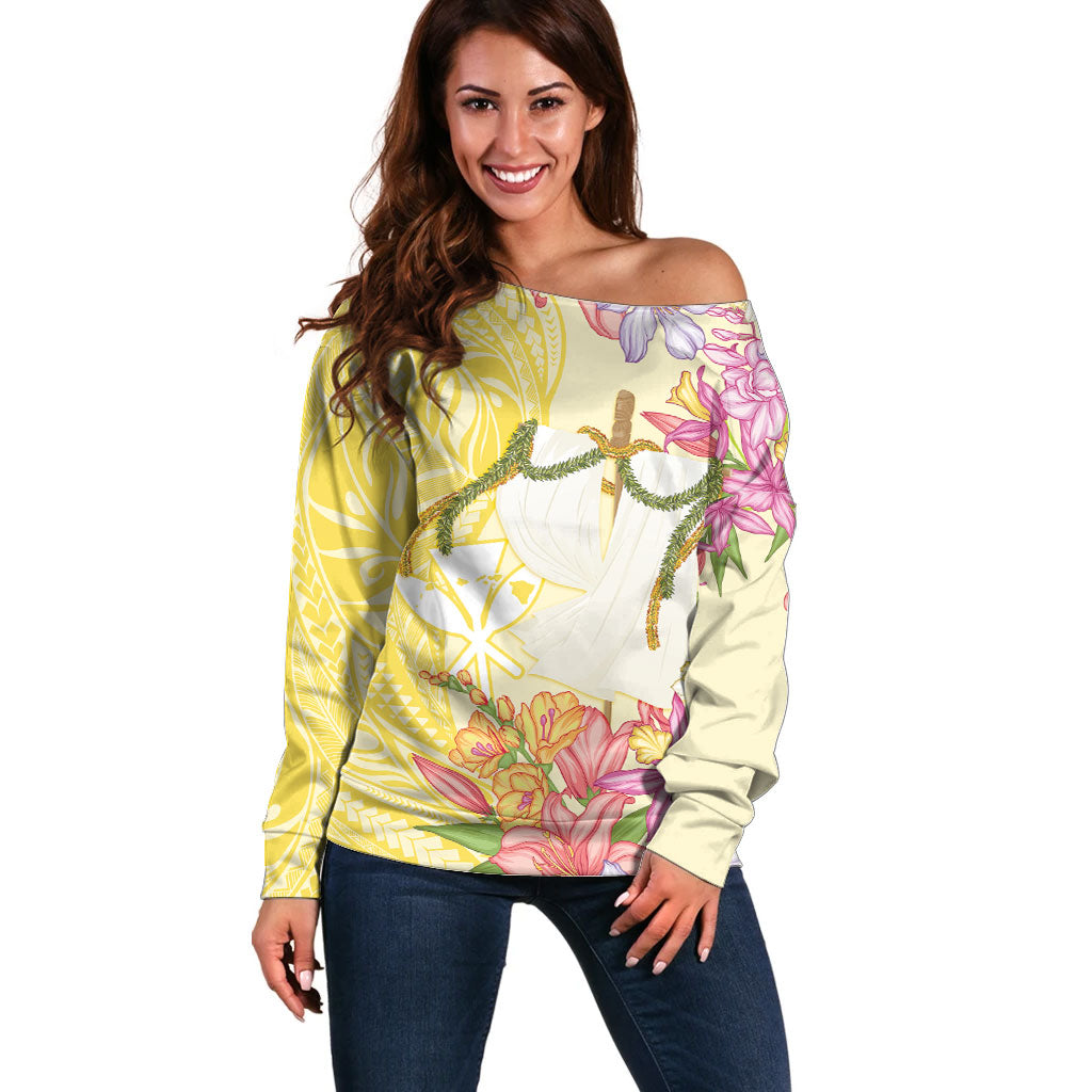 Aloha Hawaii Kanaka Makahiki Off Shoulder Sweater Akua Loa - Festive Golden Sand