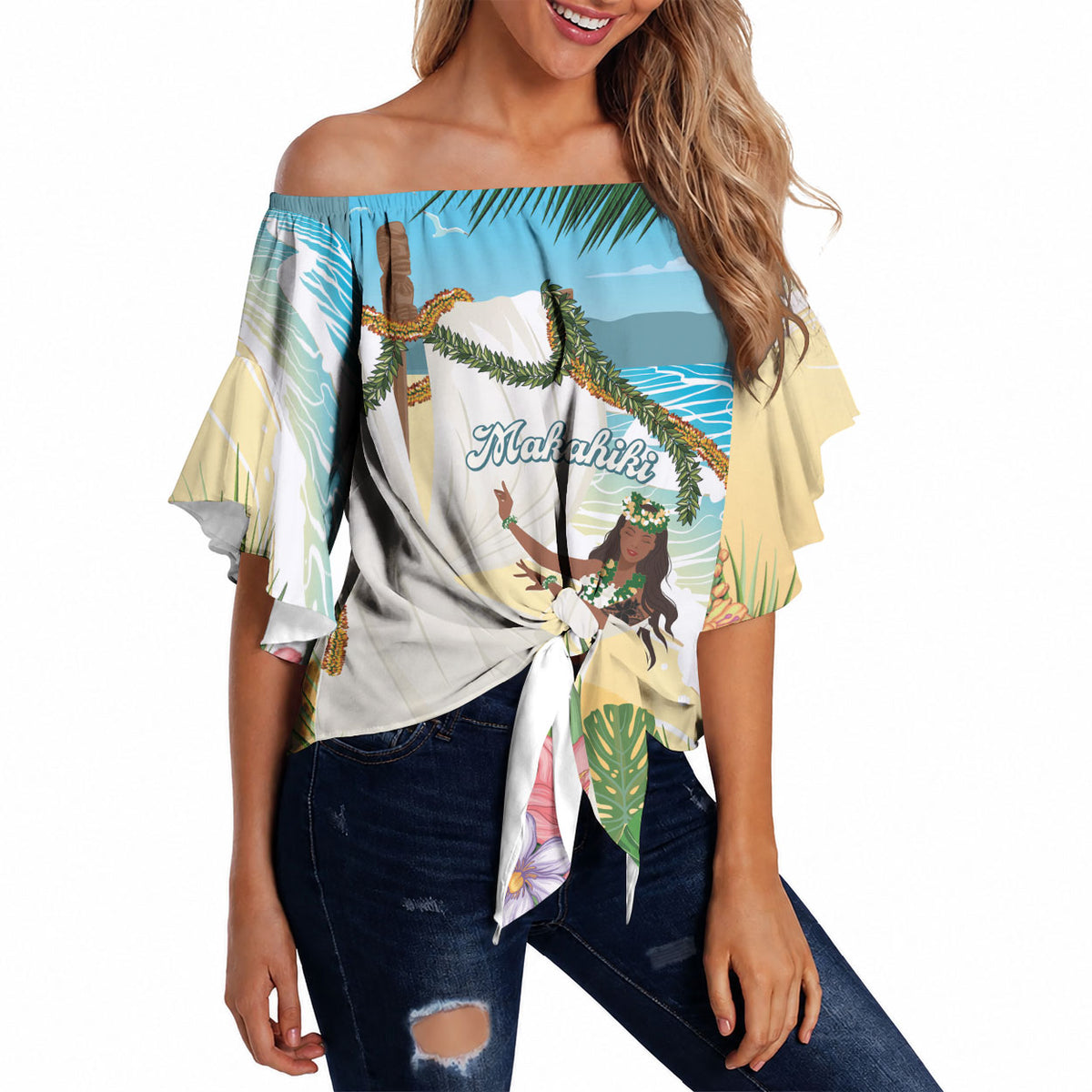 Aloha Hawaii Makahiki Hula Dance Off Shoulder Wrap Waist Top Beach Scenery LT7 Multicolor - Polynesian Pride