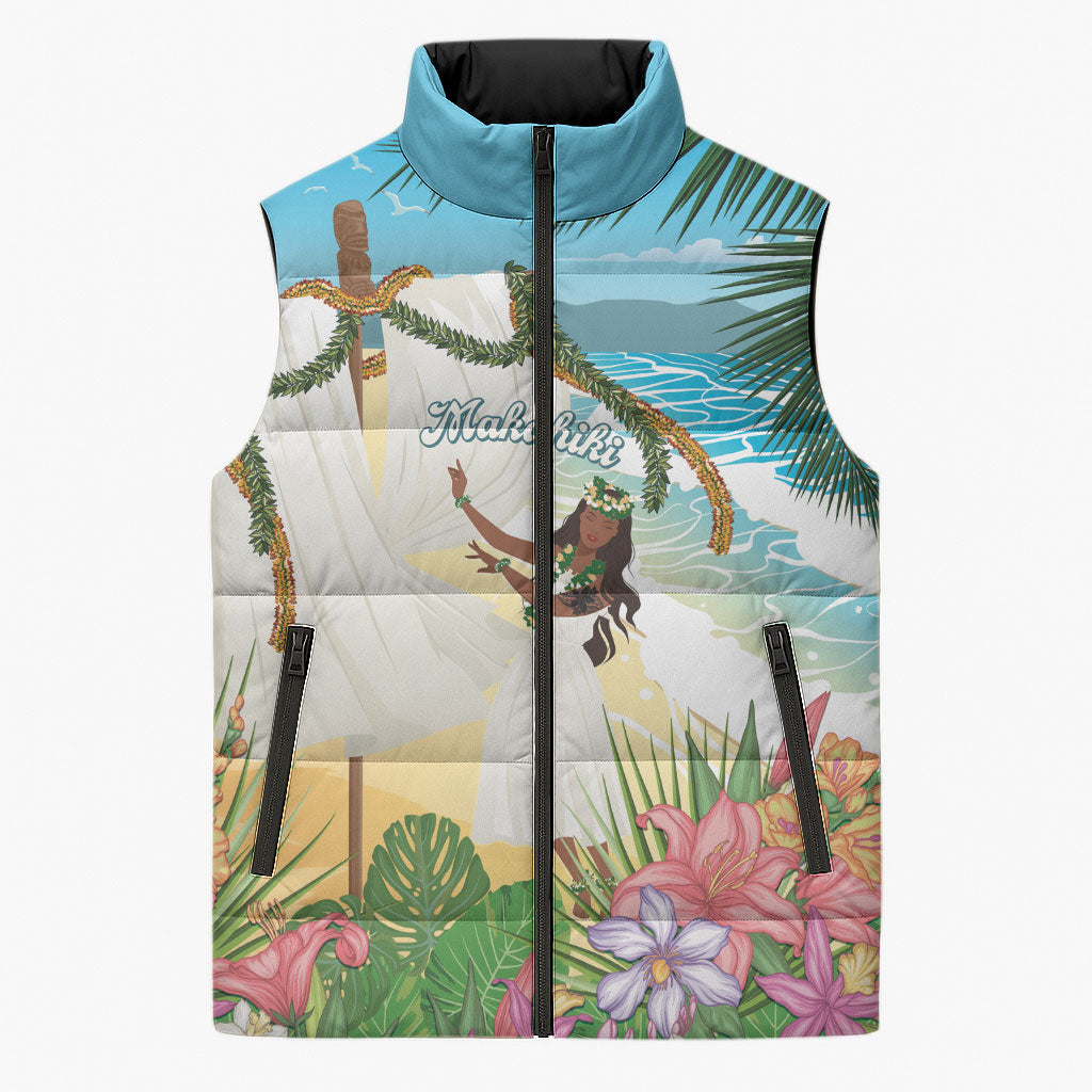 Aloha Hawaii Makahiki Hula Dance Sleeveless Puffer Jacket Beach Scenery