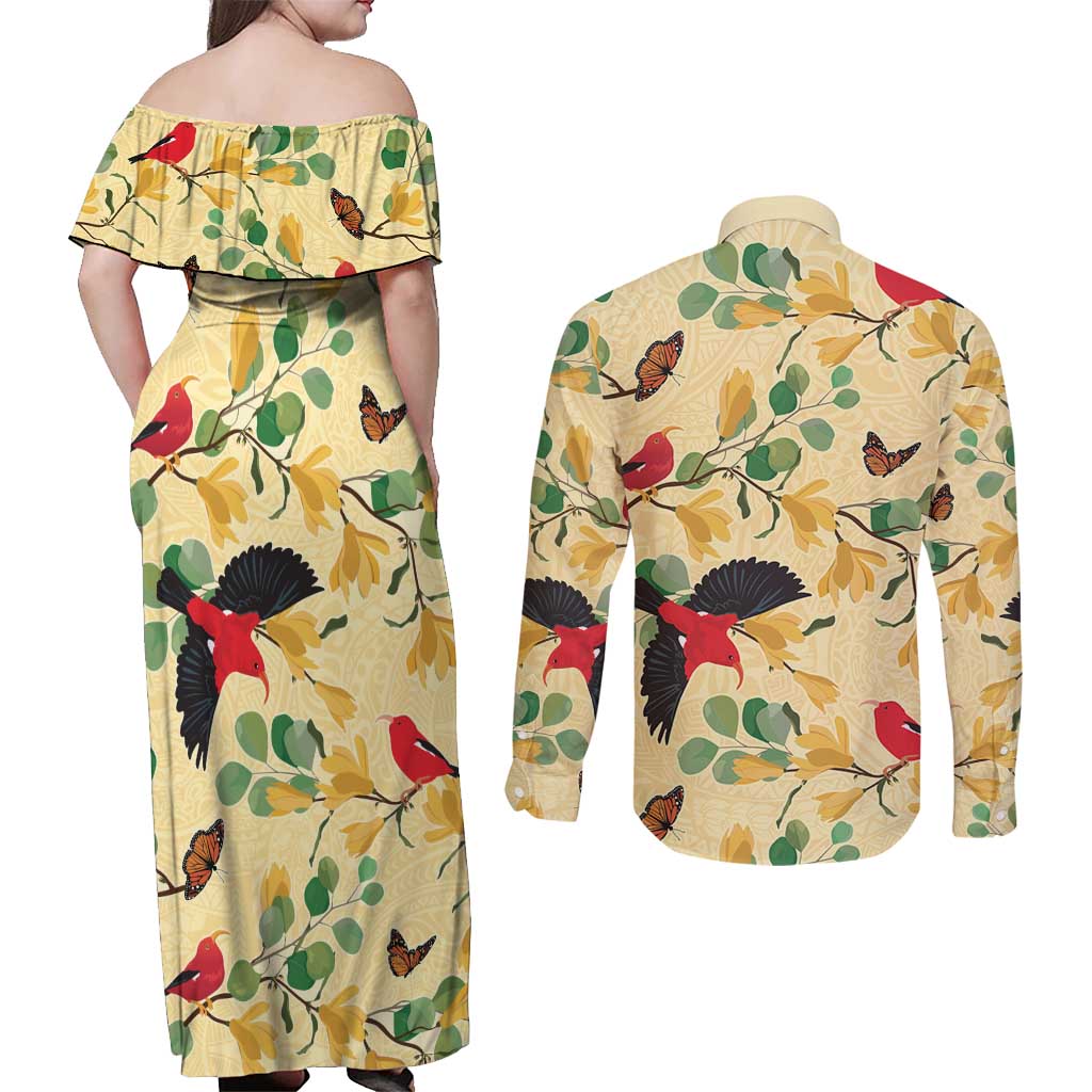 Aloha Hawaii Couples Matching Off Shoulder Maxi Dress and Long Sleeve Button Shirt I'iwi on Mamane Pastel Cream
