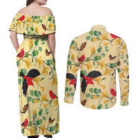 Aloha Hawaii Couples Matching Off Shoulder Maxi Dress and Long Sleeve Button Shirt I'iwi on Mamane Pastel Cream